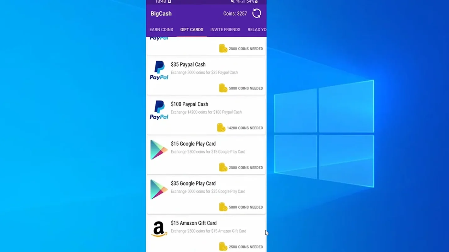 BigCash app displaying earned coins and ways to cashout