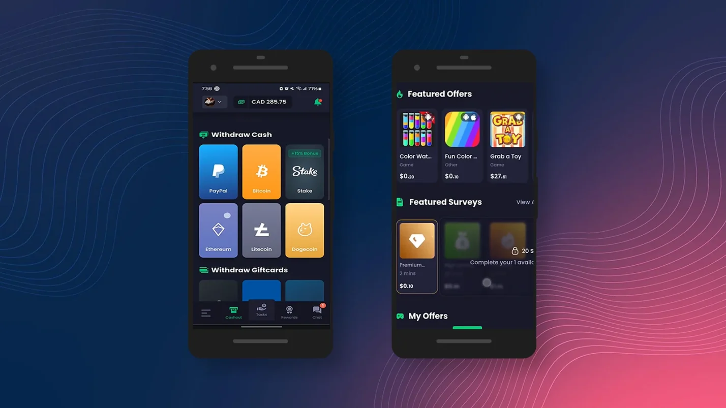 Freecash app displaying earning posibilities and payout ways