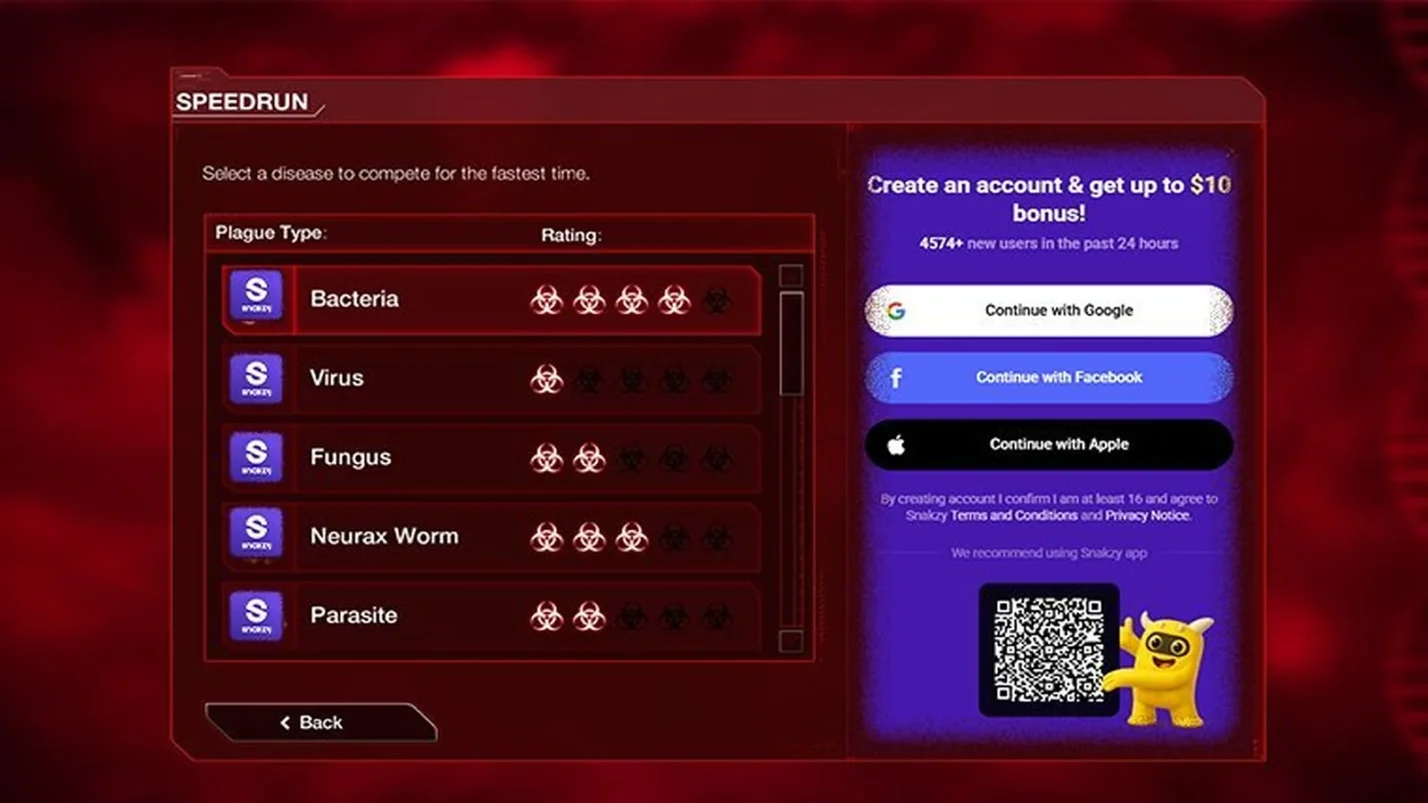Plague Inc. screenshot and Snakzy Log-in screenshot
