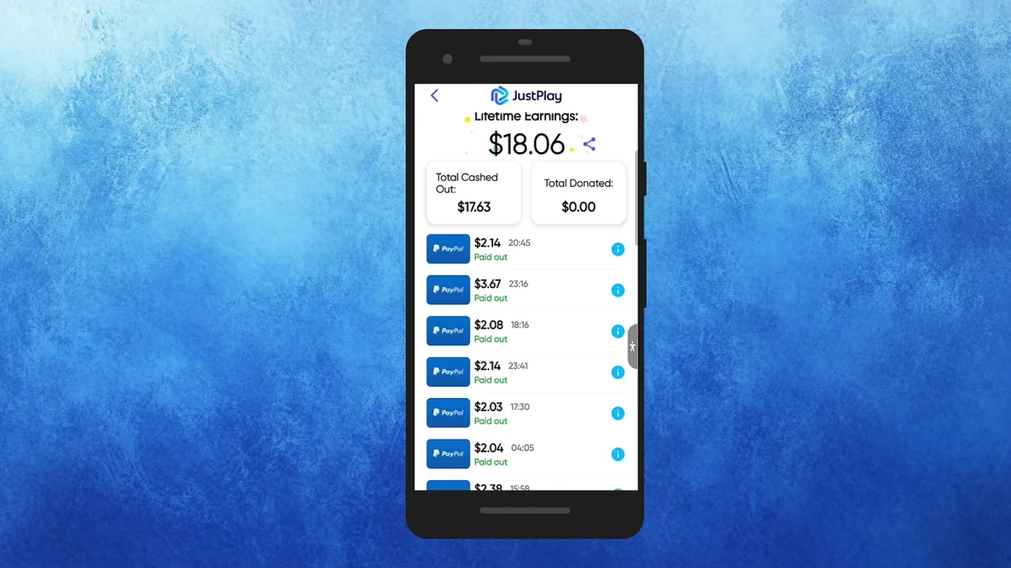 JustPlay cashout screen showing earnings and a possibility of a PayPal payout