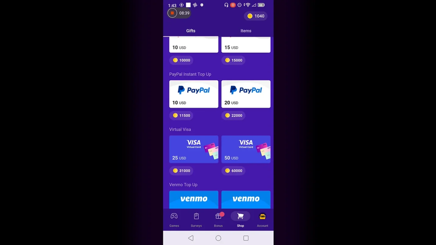 Snakzy App displaying cashout methods