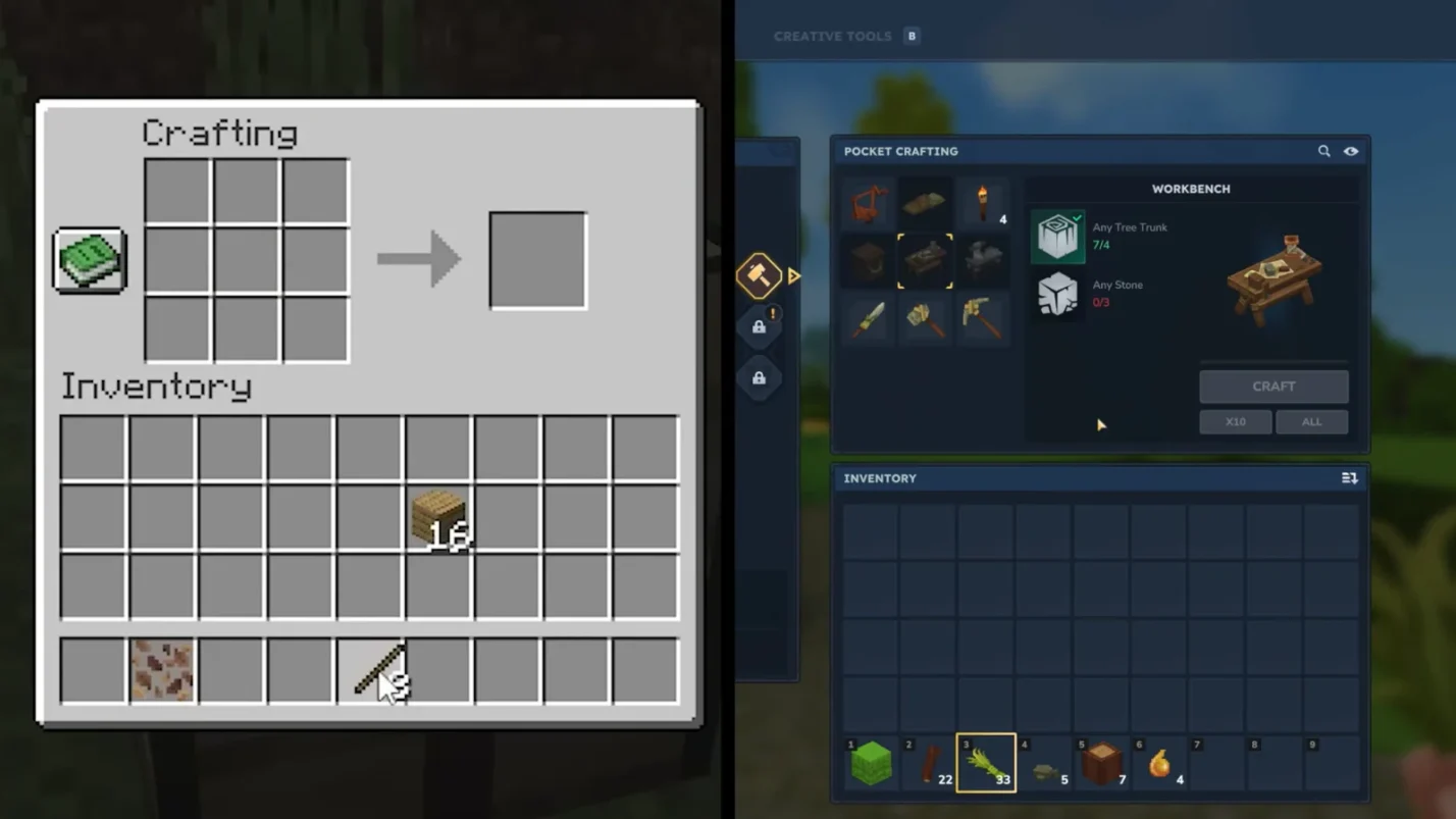 crafting screenshots from Hytale and Minecraft