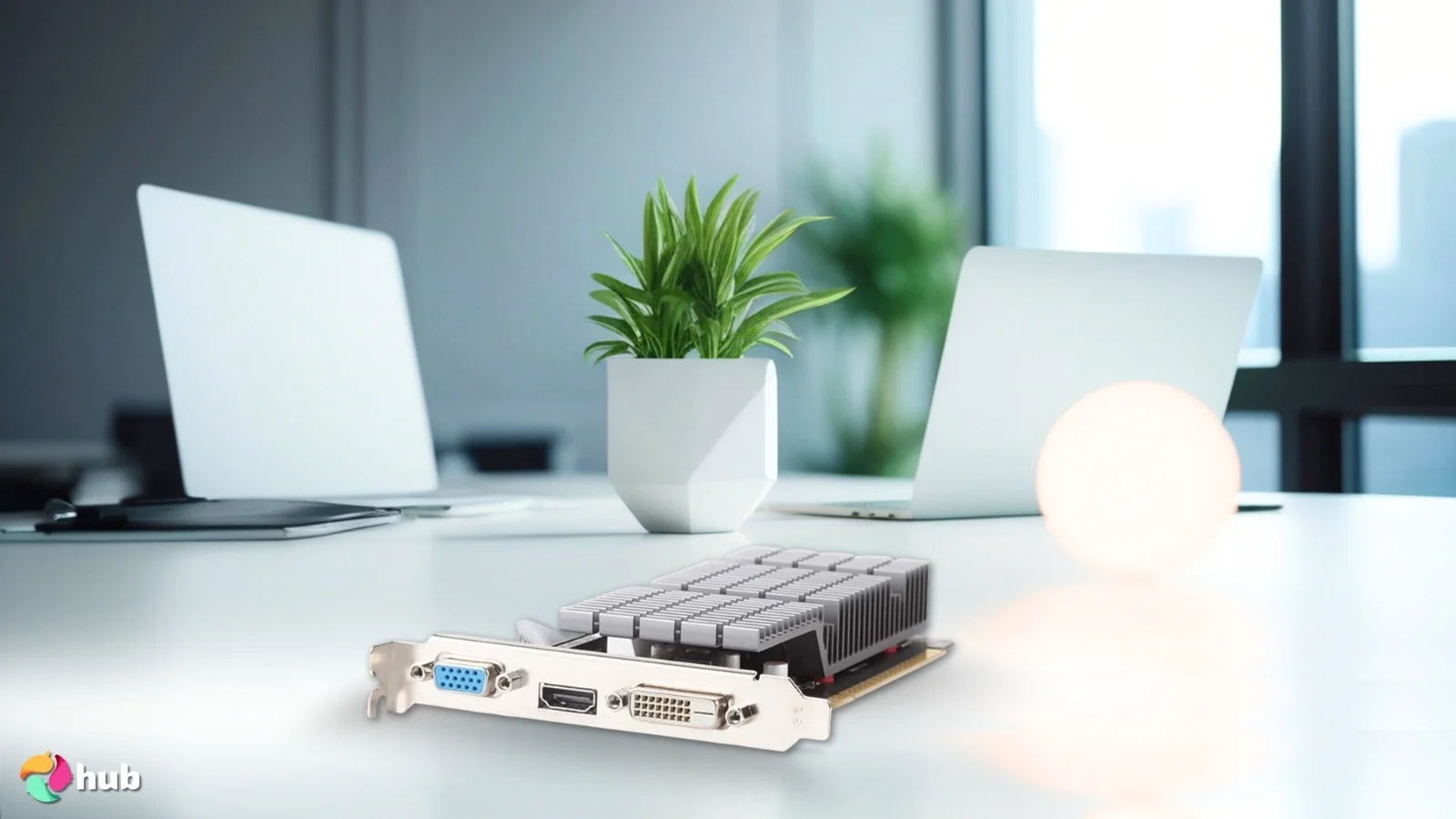 maxsun GeForce GT 710 Low Profile GPU on a white office desk with professional arrangement for a review