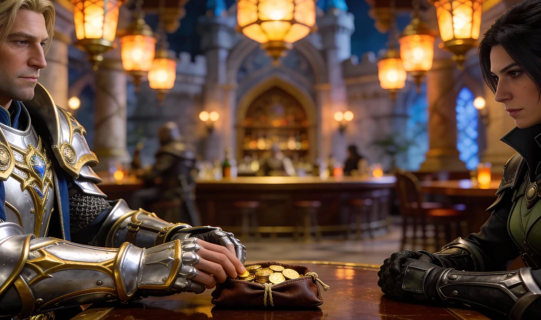Two people counting coins at the table in a tavern.