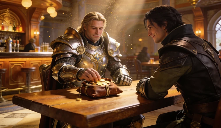 Two people sitting at the table and counting coins.