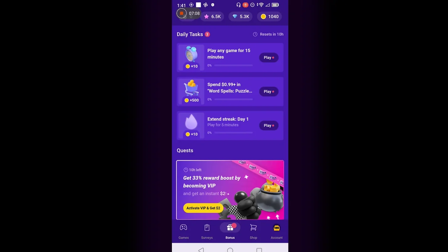 Snakzy app displaying daily tasks