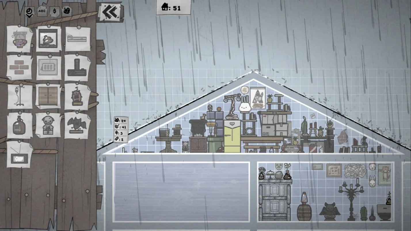 gameplay screenshot displaying a house and settings