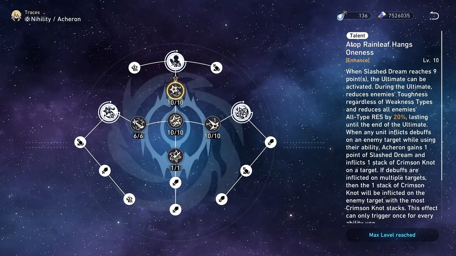 Acheron's Trace tree in HSR showing maxed Talent and Ultimate abilities for a DPS build