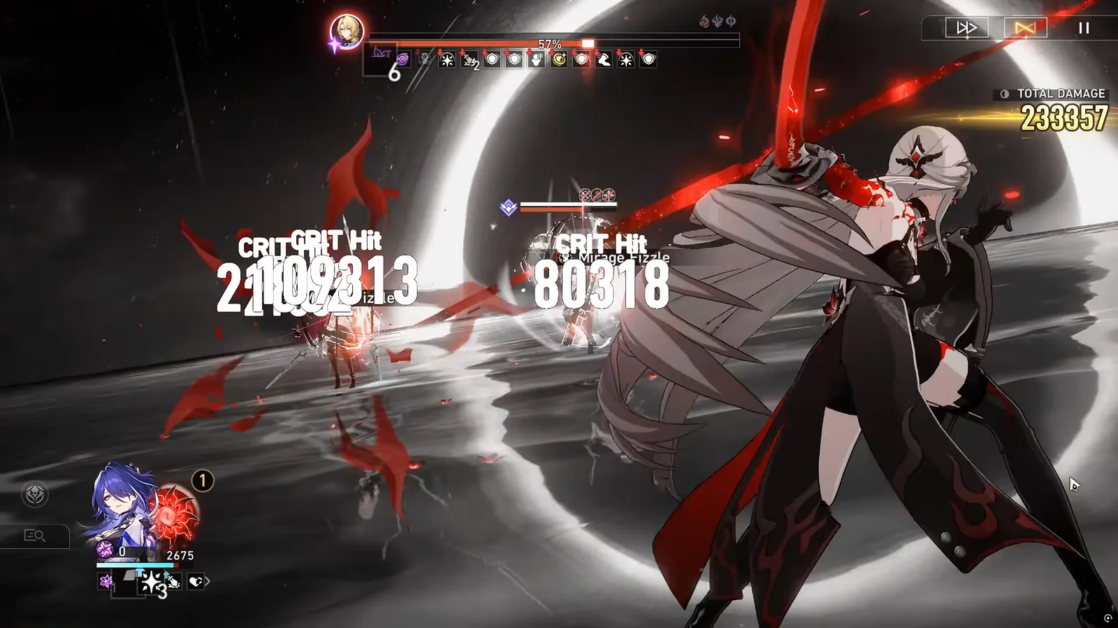 Acheron performing her Slashed Dream Cries in Red Ultimate, dealing massive Lightning DMG to enemies