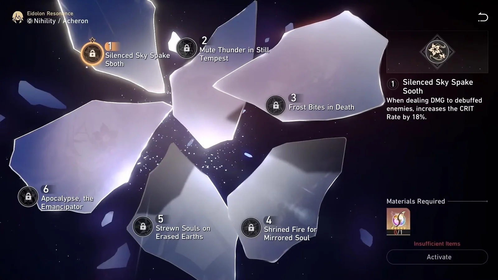 Acheron’s Eidolon menu highlighting E1 Silenced Sky Spake Sooth for increased CRIT Rate