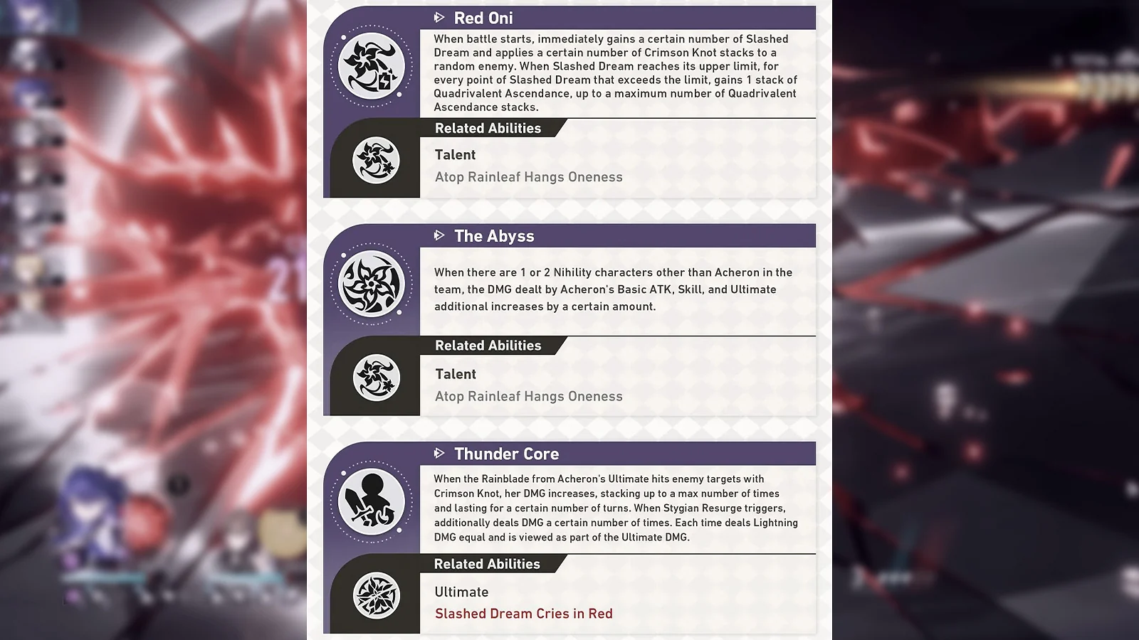 Acheron’s major traces: Red Oni, The Abyss, and Thunder Core with related abilities
