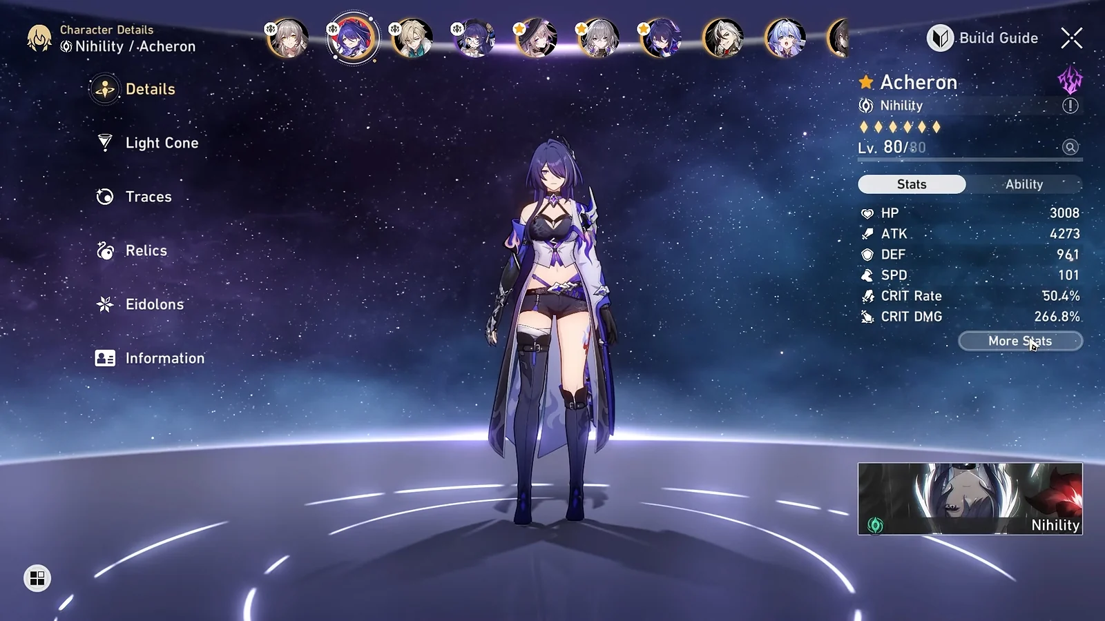 HSR Acheron character stats screen