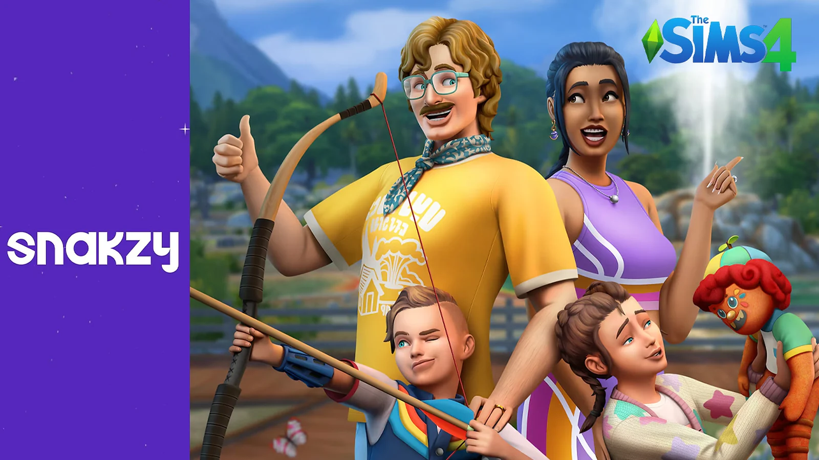 Snakzy logo alongside The Sims 4 Adventure Awaits expansion pack artwork