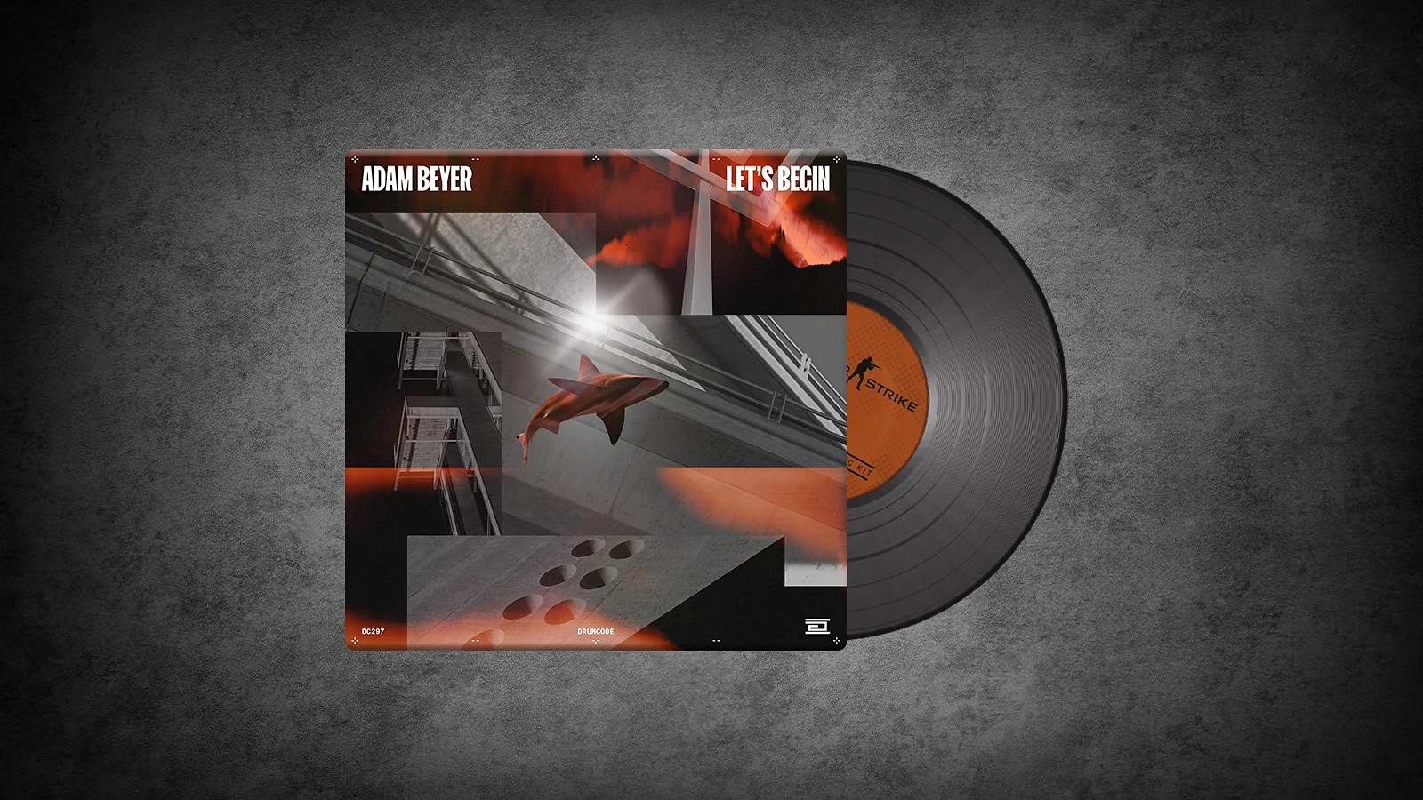 CS2 Music Kit: Adam Beyer, Let's Begin - abstract architectural collage in grey and red with a swimming shark