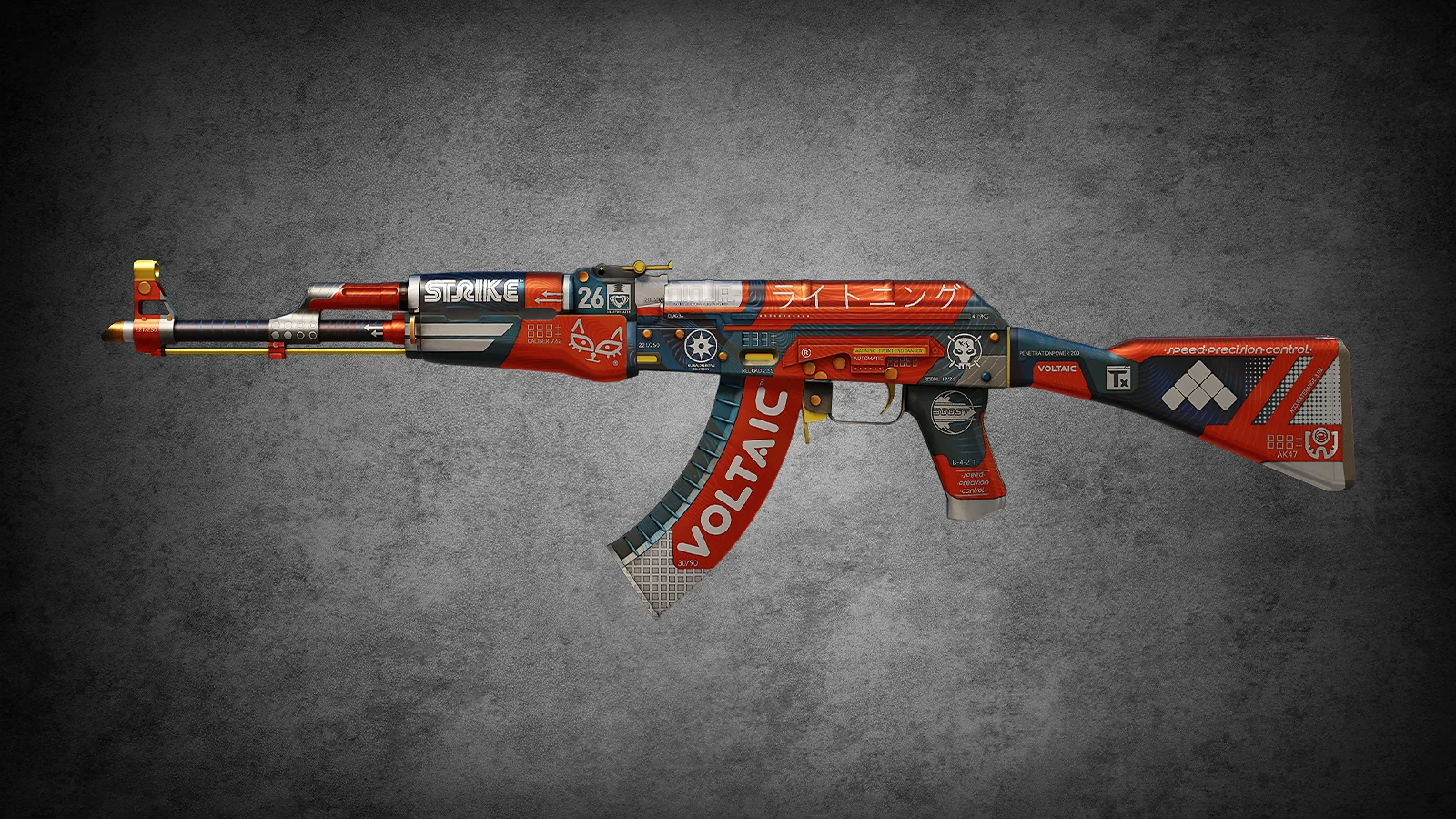 CS2 AK-47 Bloodsport - skin with a red and black design and various logos