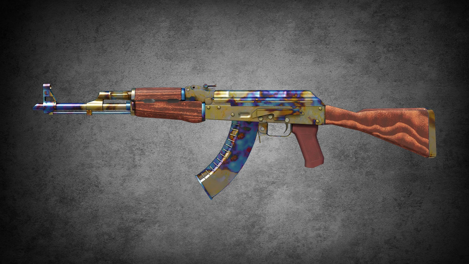 CS2 AK-47 Case Hardened - skin with a unique pattern of metallic blue, purple, and gold oil-spill stains