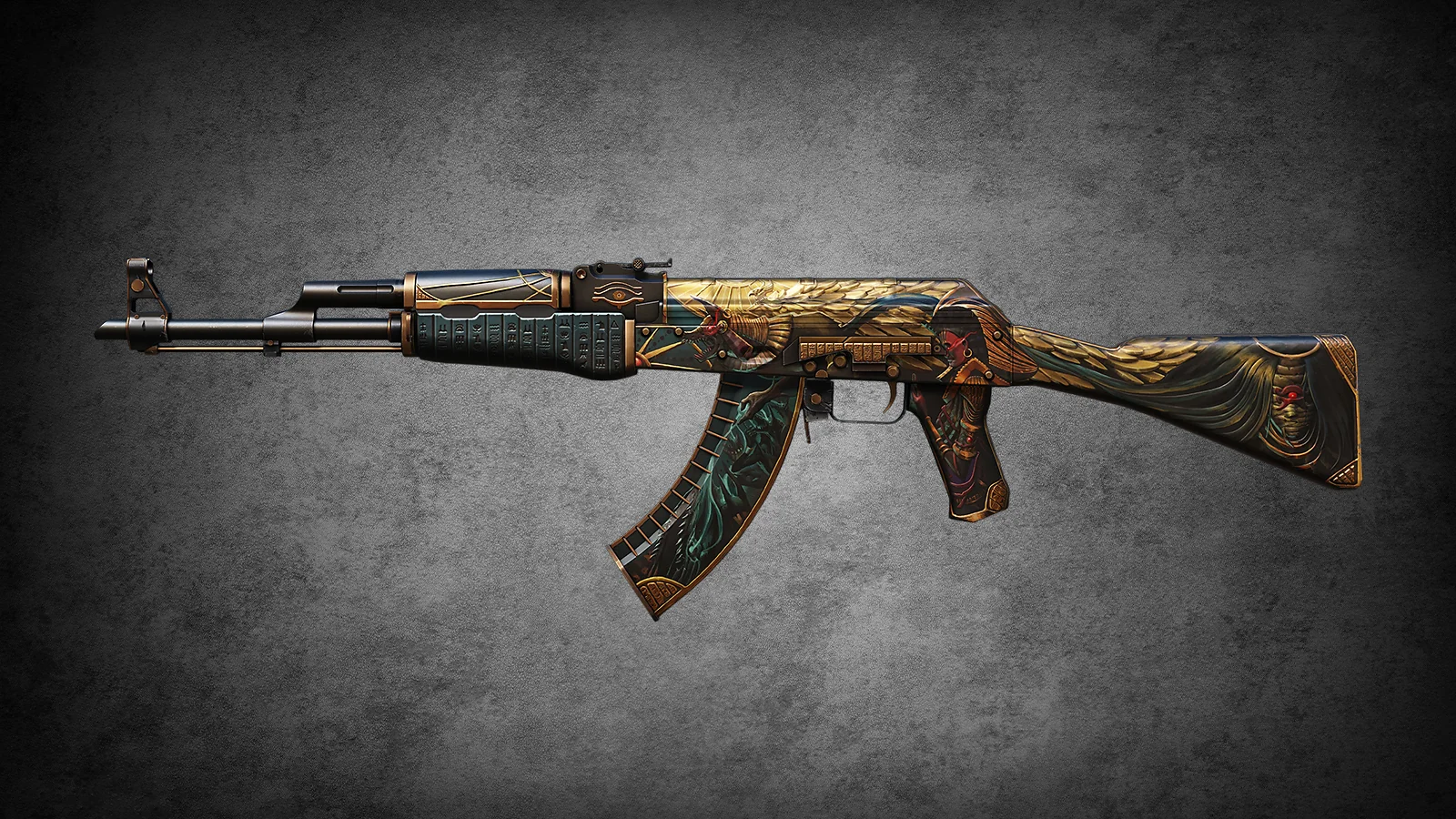 CS2 AK-47 Legion des Anubis - skin with Egyptian Anubis and Ra in gold and black