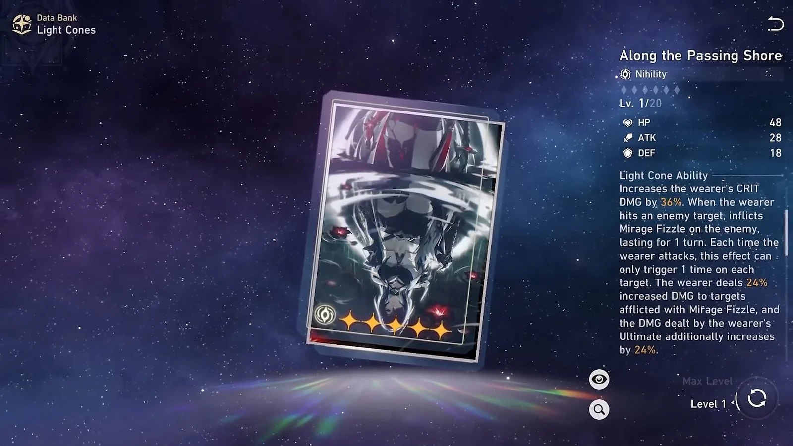 Along the Passing Shore 5-star Light Cone stats and ability description for Acheron in HSR