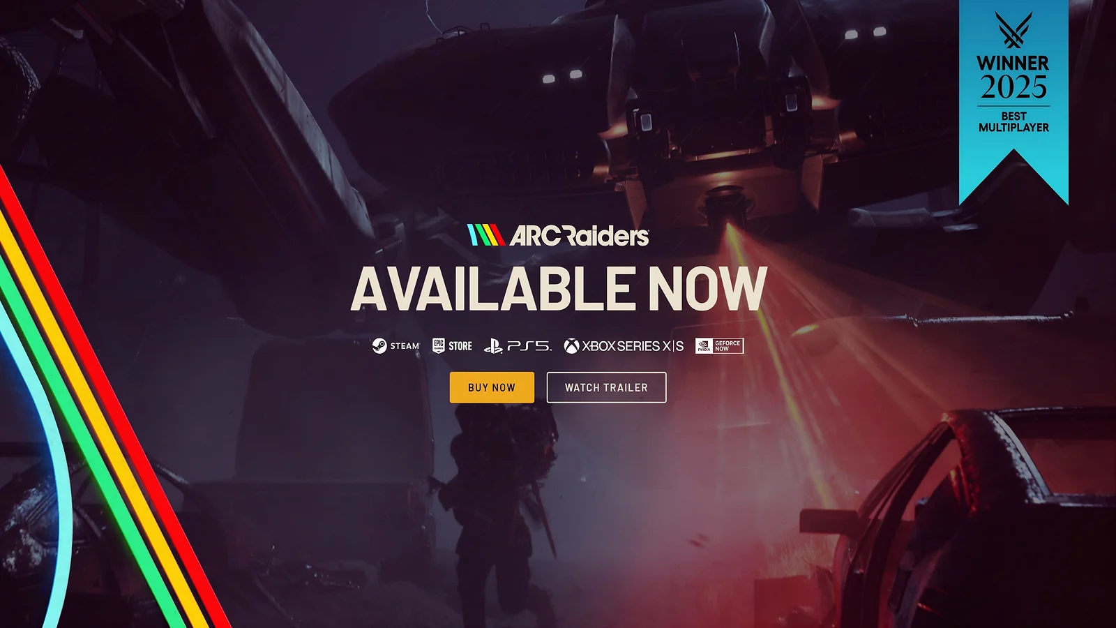 ARC Raiders availability banner for Steam, Epic Games Store, PS5, and Xbox Series X|S