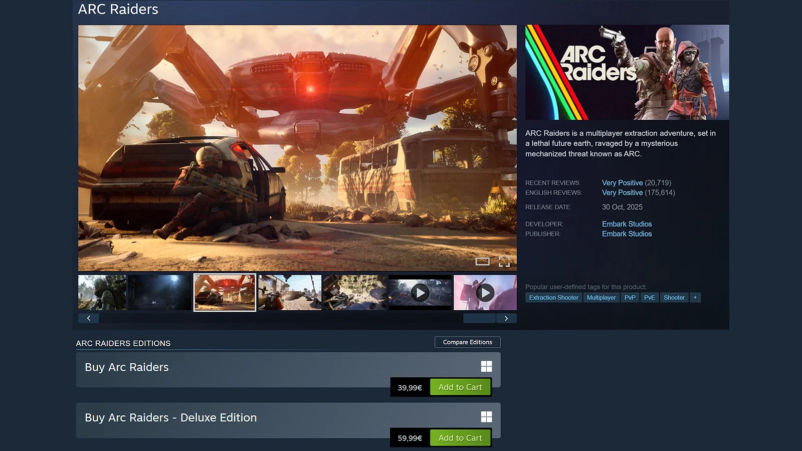 ARC Raiders on Steam showing price and game description