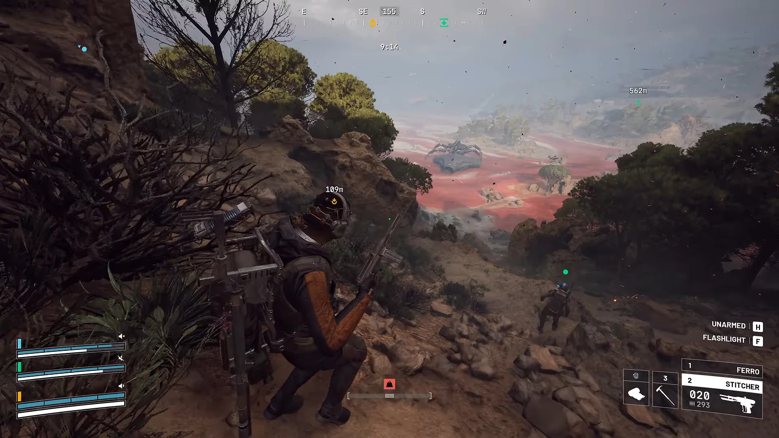 ARC Raiders - characters in PVP overlooking a valley with a giant robot