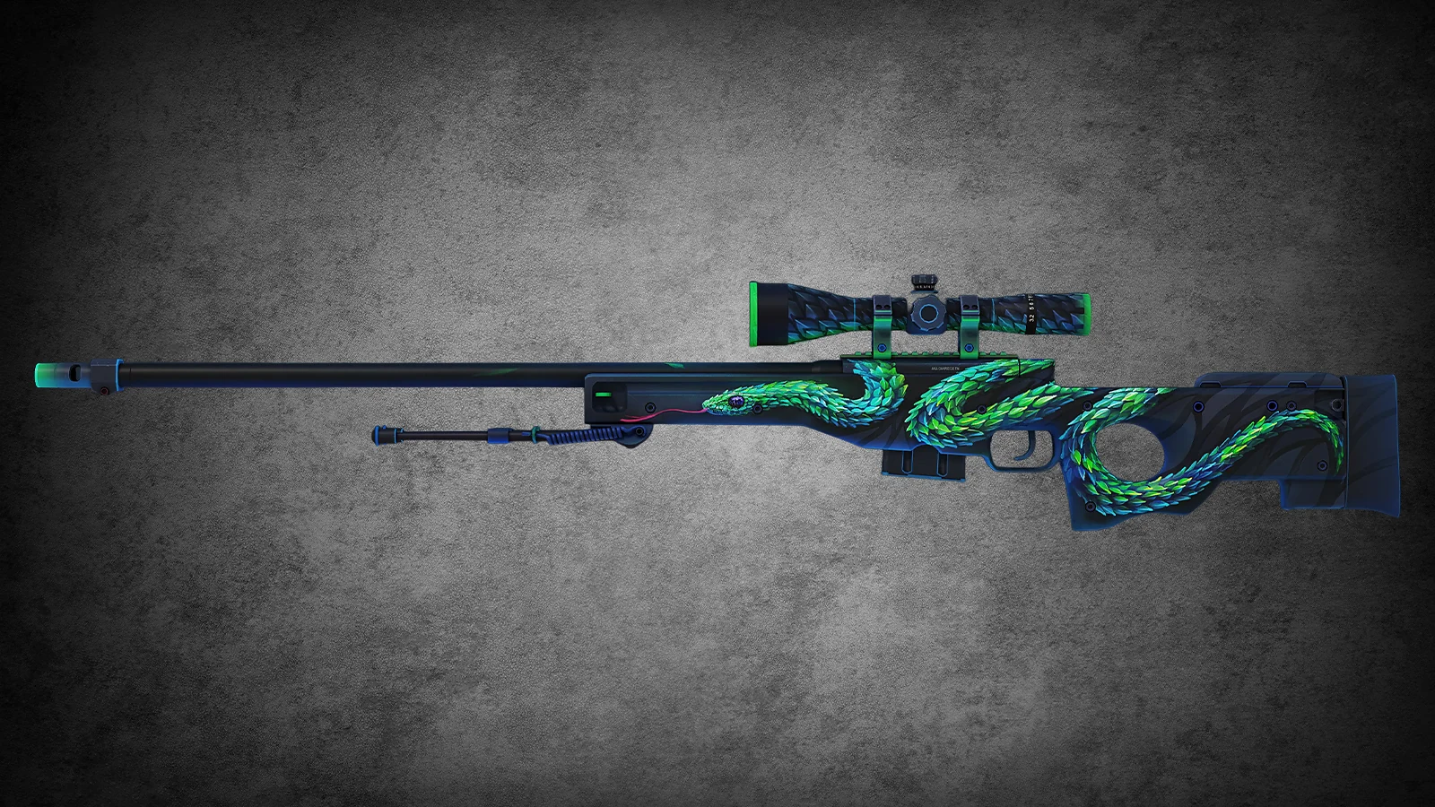 CS2 AWP Atheris skin featuring a vibrant green and blue bush viper snake design