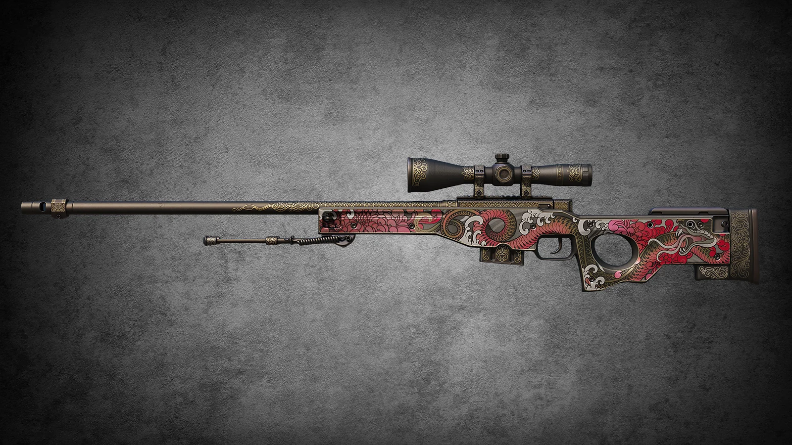 CS2 AWP Duality skin featuring a red floral and serpent design with gold filigree accents