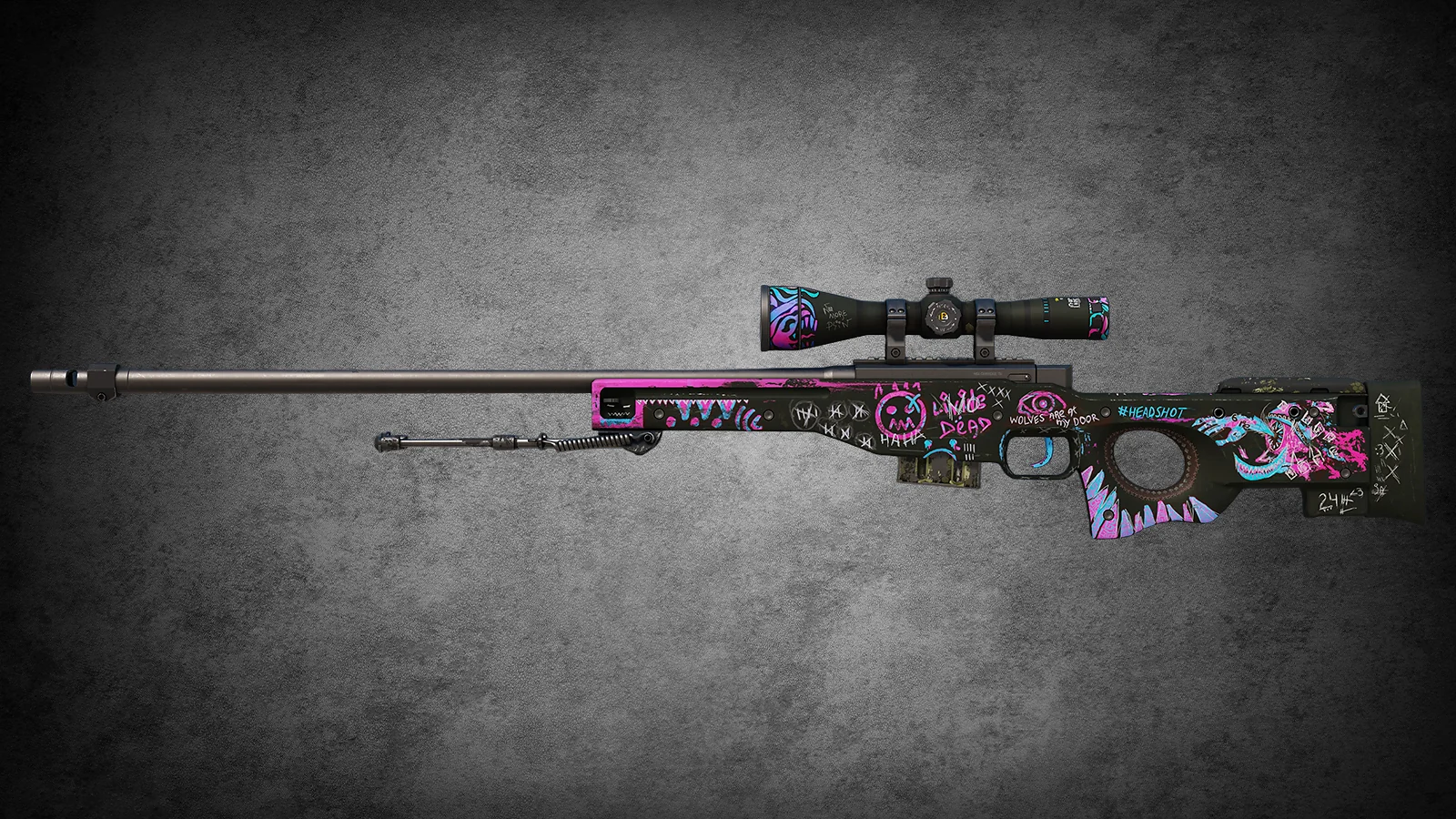 CS2 AWP Fever Dream skin featuring pink and blue punk-style graffiti over a black base