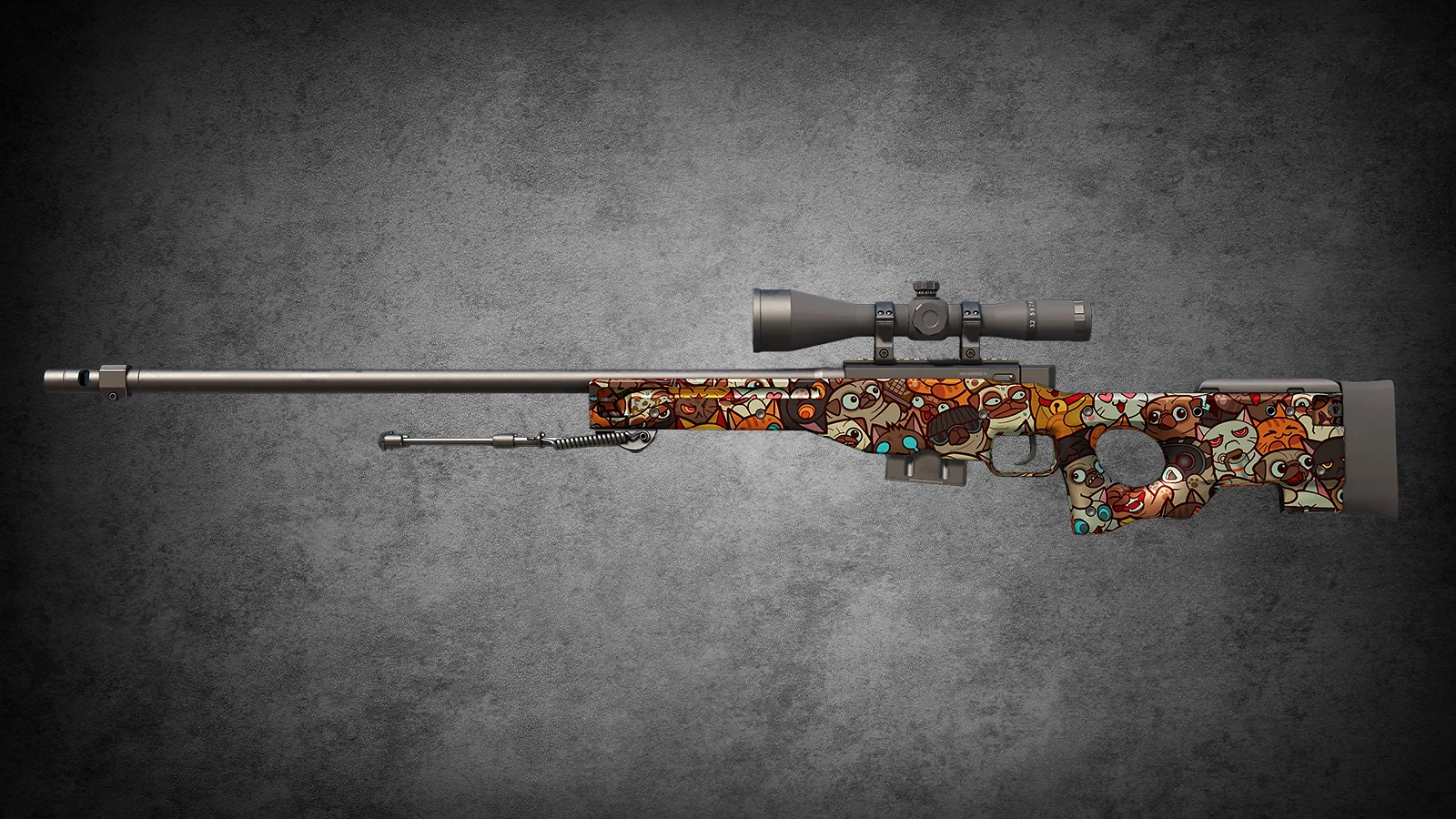 CS2 AWP PAW skin featuring a colorful pattern of stylized cartoon cats and dogs