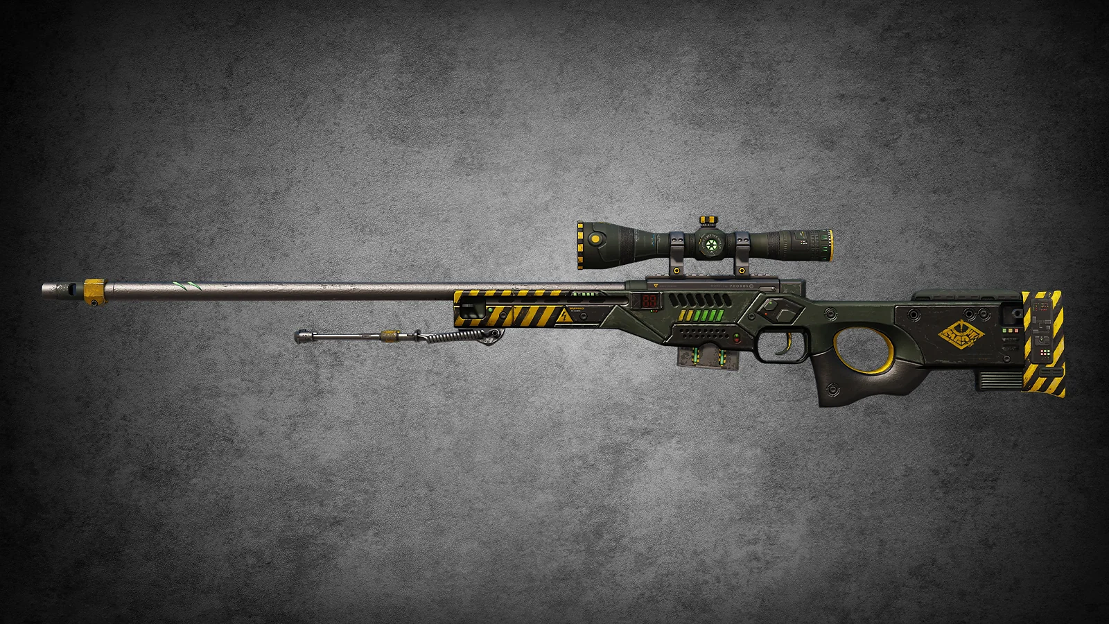 CS2 AWP Phobos skin featuring a rugged olive green and yellow industrial sci-fi design