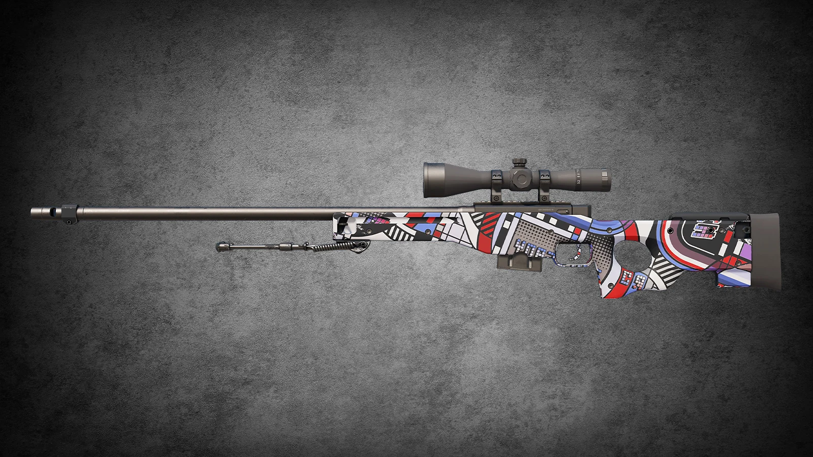 CS2 AWP Pop AWP skin featuring an abstract geometric pattern in red, blue, white, and black