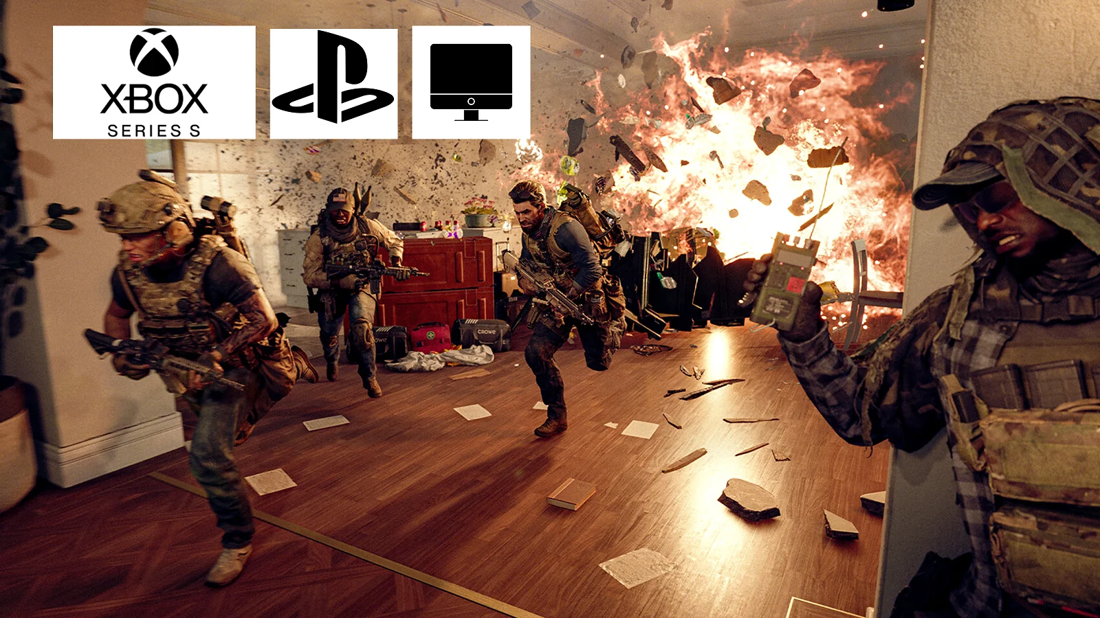 In-game screenshot plus xbox, PS5 logos and PC icon