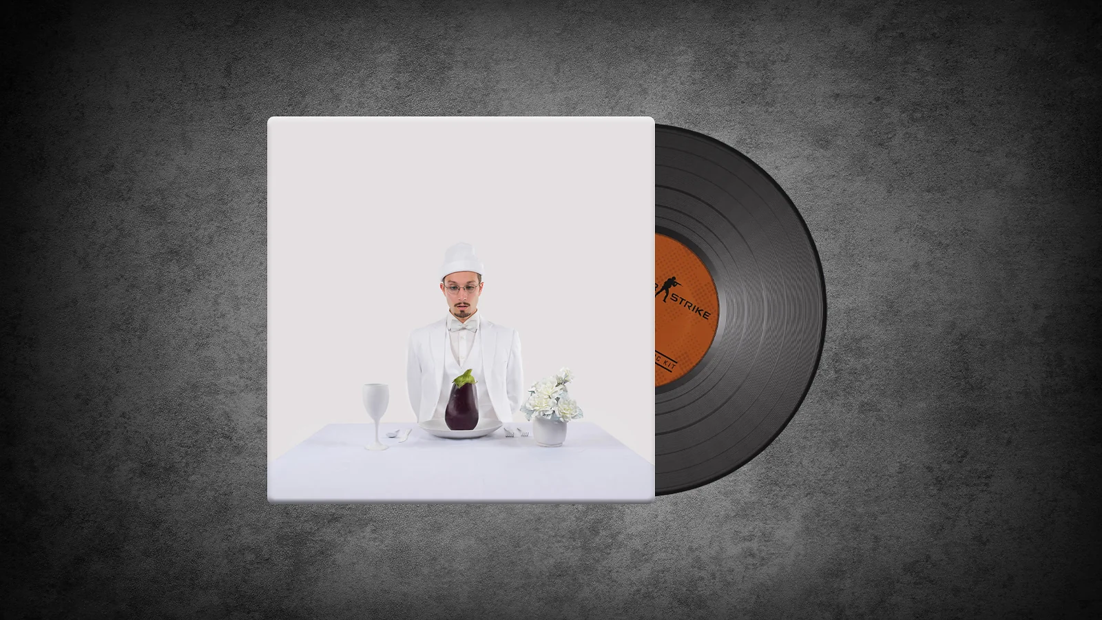 CS2 Music Kit: bbno$, U Mad! - album art with a person in all white sitting at a table with a large eggplant