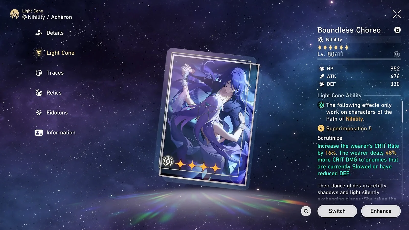 Boundless Choreo 4-star Light Cone showing CRIT Rate and CRIT DMG bonuses for Nihility character Acheron