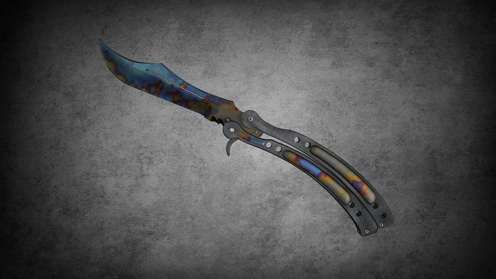 CS2 Butterfly Knife Case Hardened - heat-treated metal with a vibrant blue, gold, and purple finish