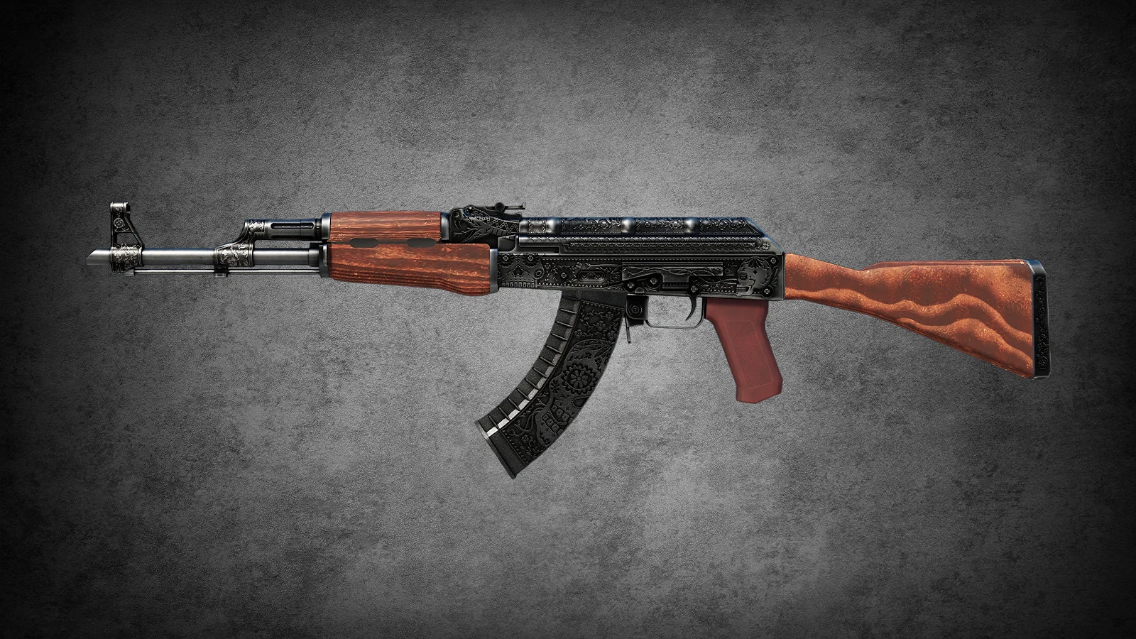 CS2 AK-47 Cartel skin with intricate art engravings on the metal receiver