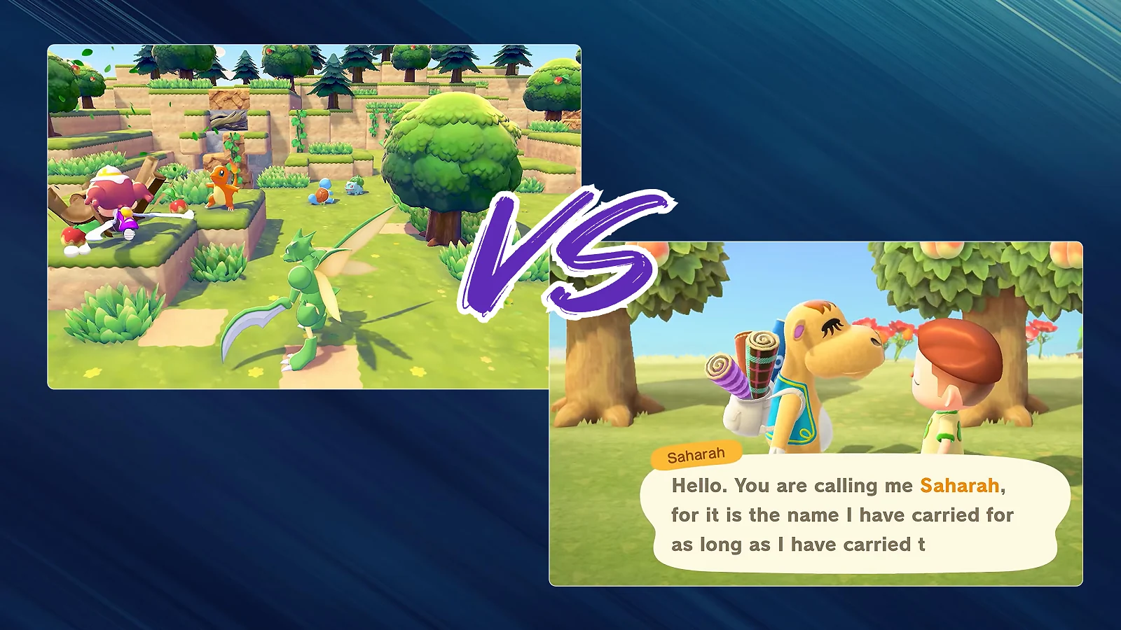 two gameplay screenshots of Pokopia  and Animal Crossing