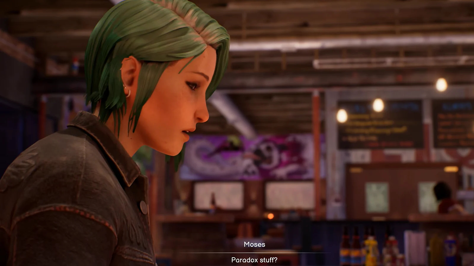 In-game screenshot: Chloe sits in a bar