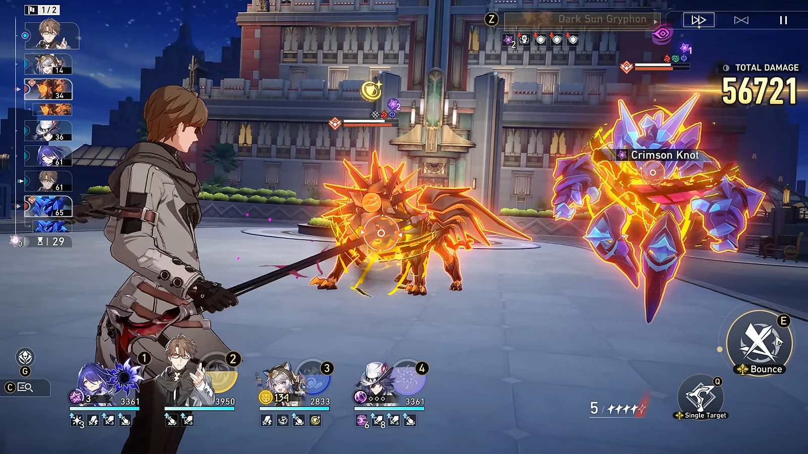 Welt applying a debuff to enemies to generate Crimson Knot stacks for Acheron’s Ultimate in HSR