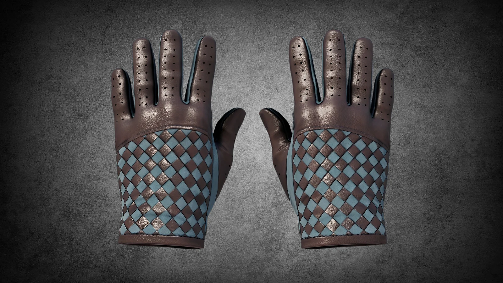 CS2 Driver Gloves Lunar Weave - brown leather gloves with a light blue and grey diamond-weave pattern