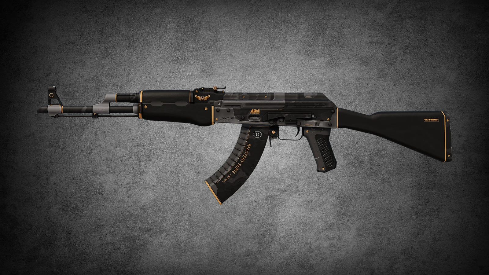 CS2 AK-47 Elite Build skin in tactical black and grey with subtle orange highlights