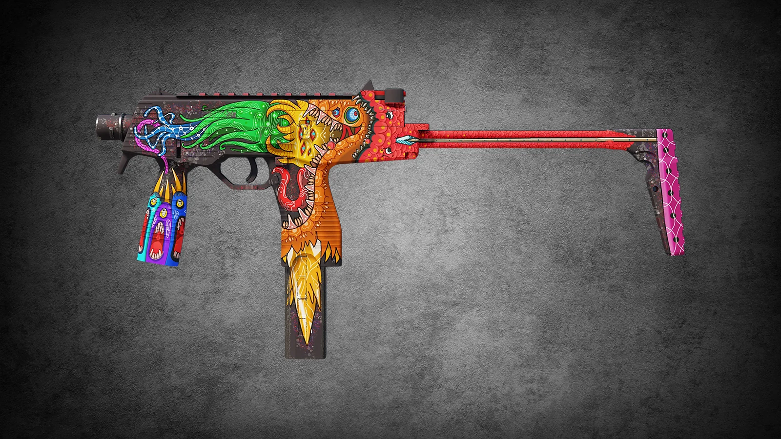 CS2 MP9 skin Food Chain – colorful psychedelic illustration of creatures