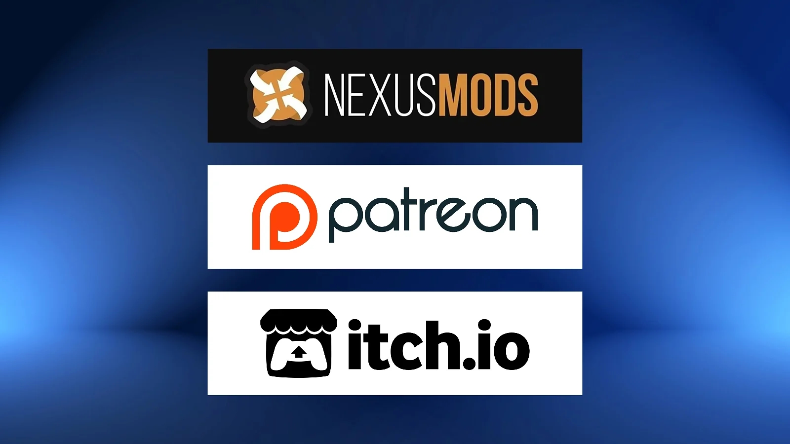 Nexusmods, patreon and itch.io logos