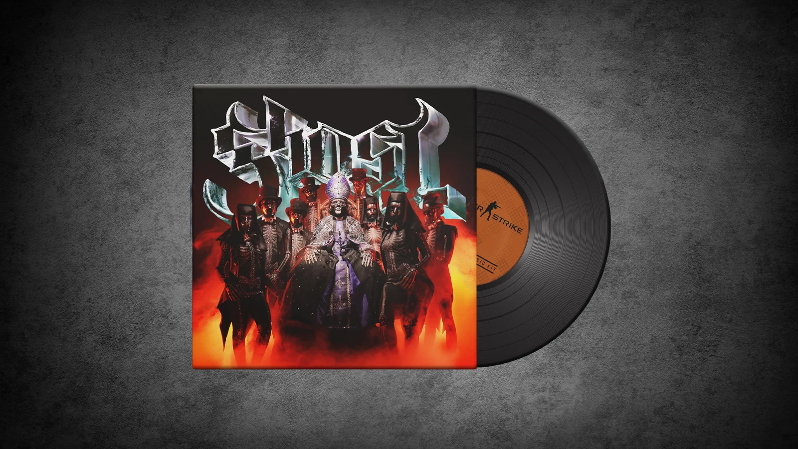 CS2 Music Kit: Ghost, Skeleta - album art featuring gothic skeleton figures in a red and orange smoky setting
