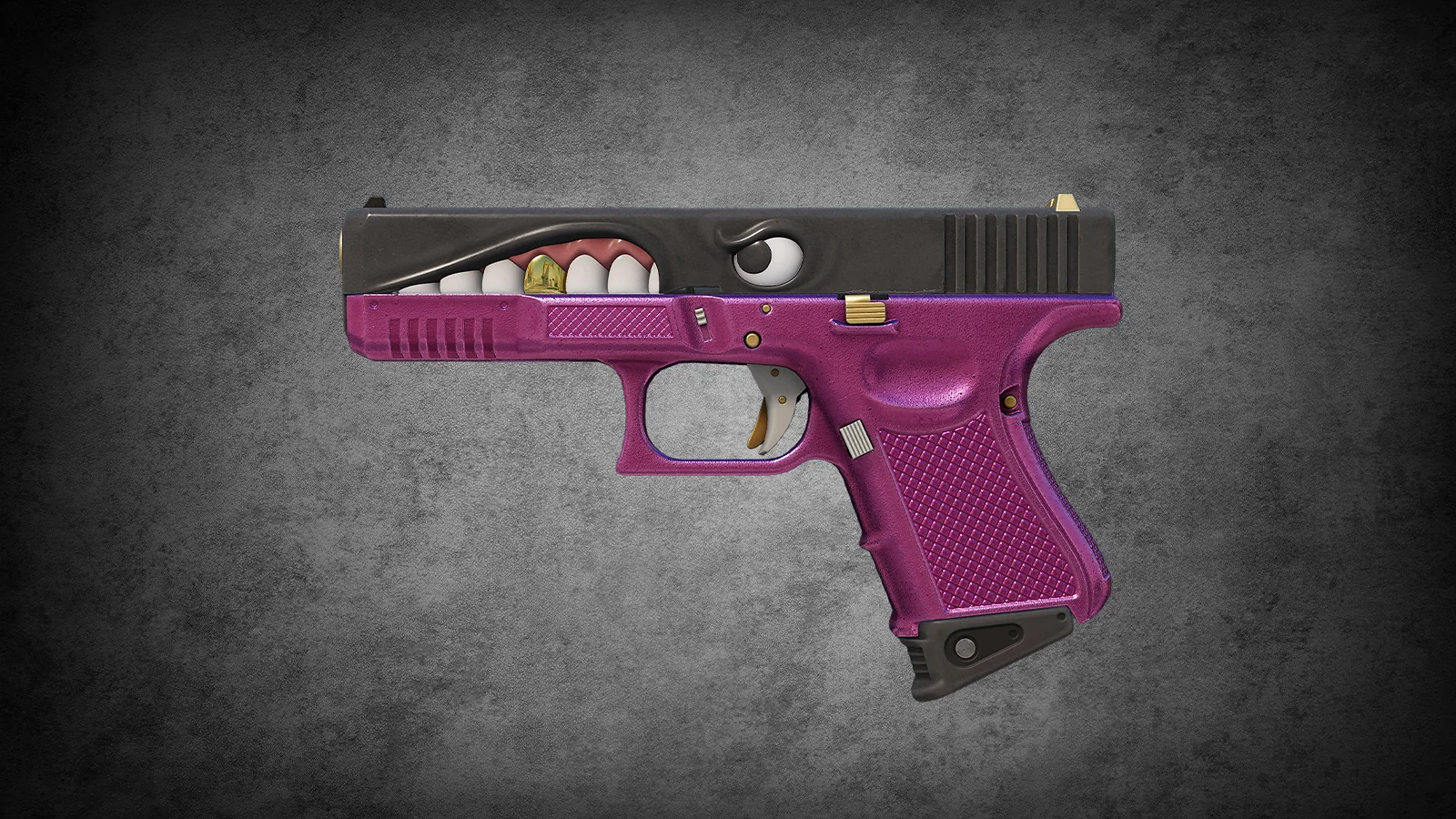 CS2 Glock-18 Gold Toof skin with a pink lower frame and a black slide featuring a monster with a gold tooth