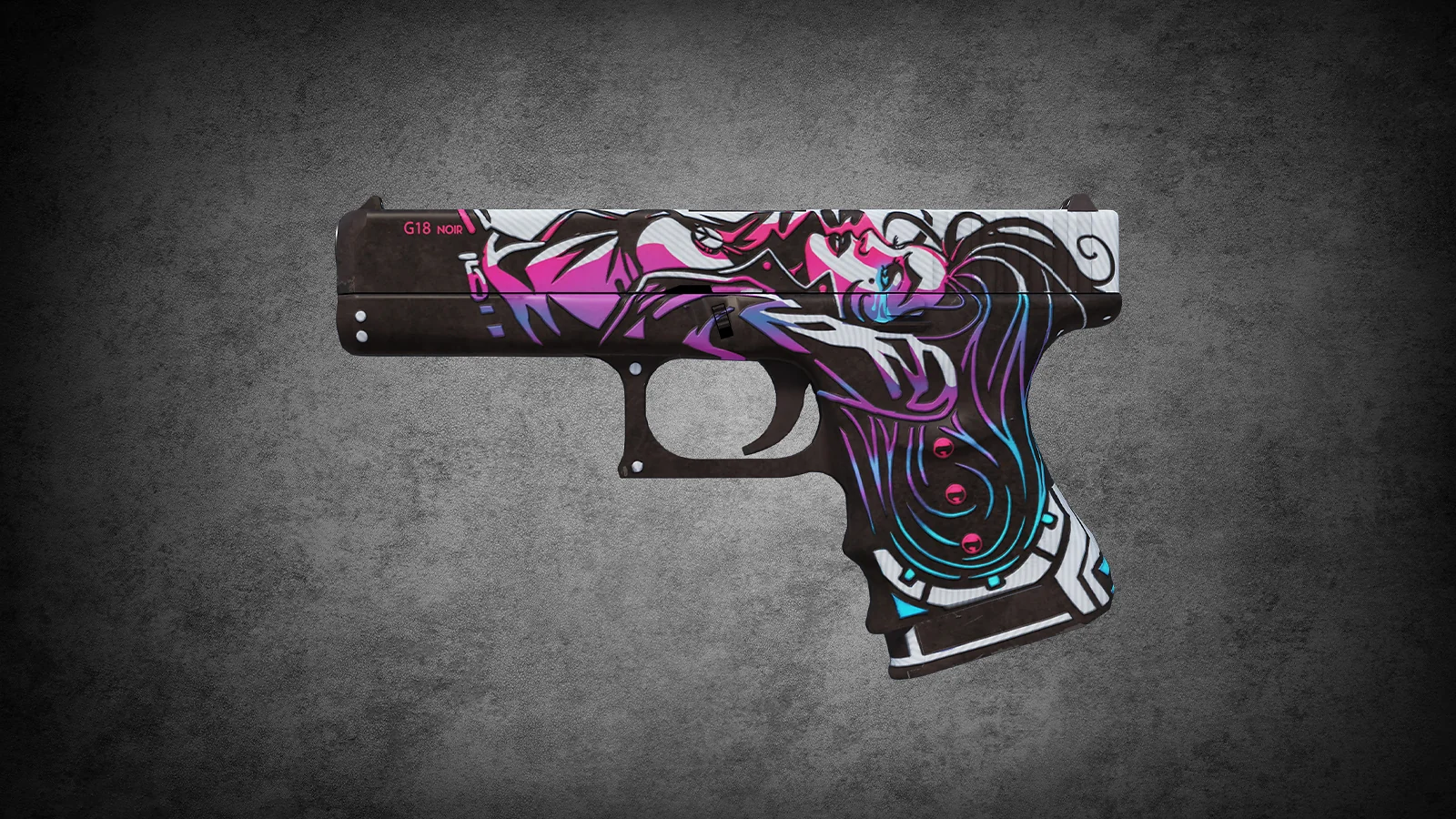 CS2 Glock-18 Neo-Noir skin with a stylized woman character with pink and blue accents