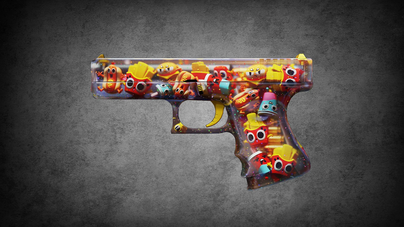 CS2 Glock-18 Snack Attack transparent skin containing 3D cartoon food items like fries and hot dogs