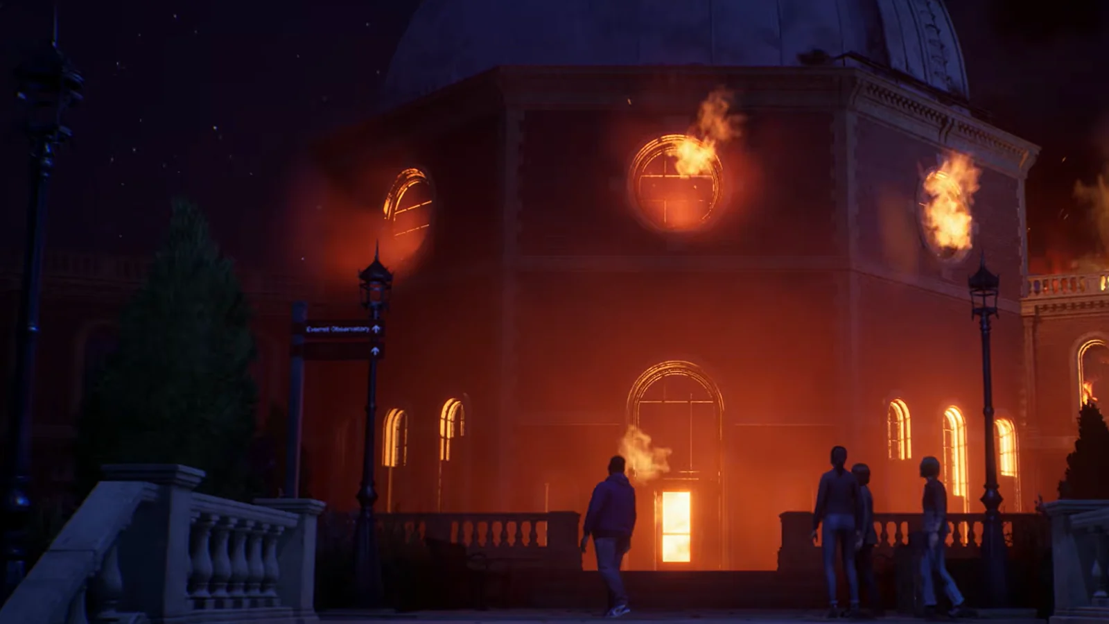 In-game screenshot: a house is burning