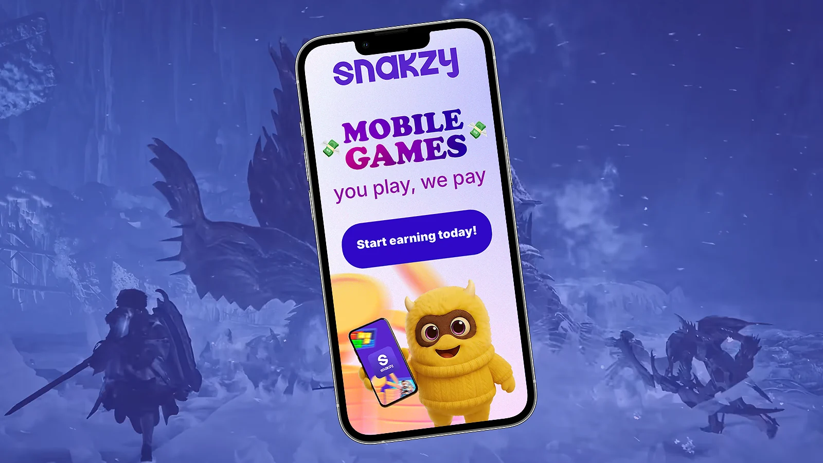 Monster Hunter Wilds gameplay screenshot and snakzy banner displaying on the phone