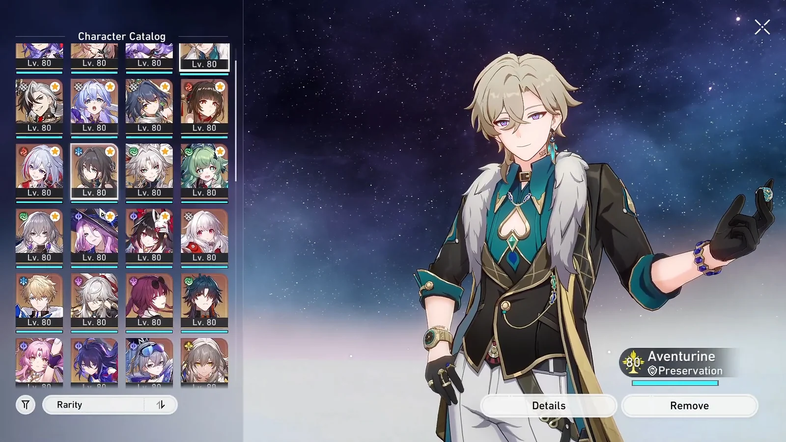 Aventurine in the character catalog, a top Preservation sustain teammate for Acheron